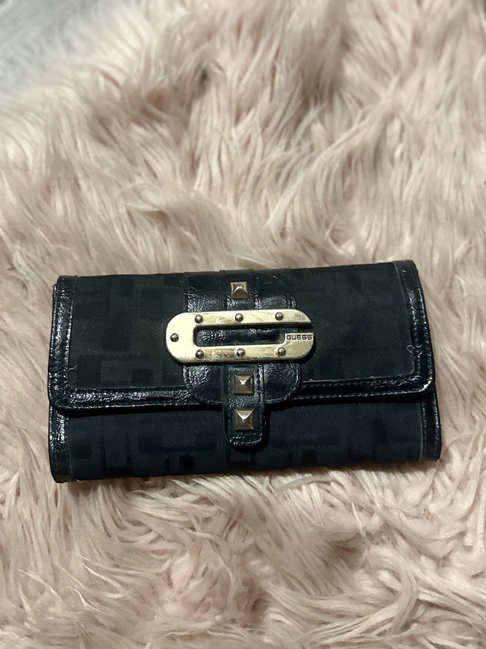 Vintage Y2K Guess Black Monogram Trifold Wallet Silver Hardware